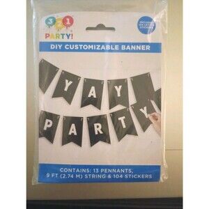 321 Party DIY Customize Banner 9 ft String 13 Black Pennants 104 Stickers NEW